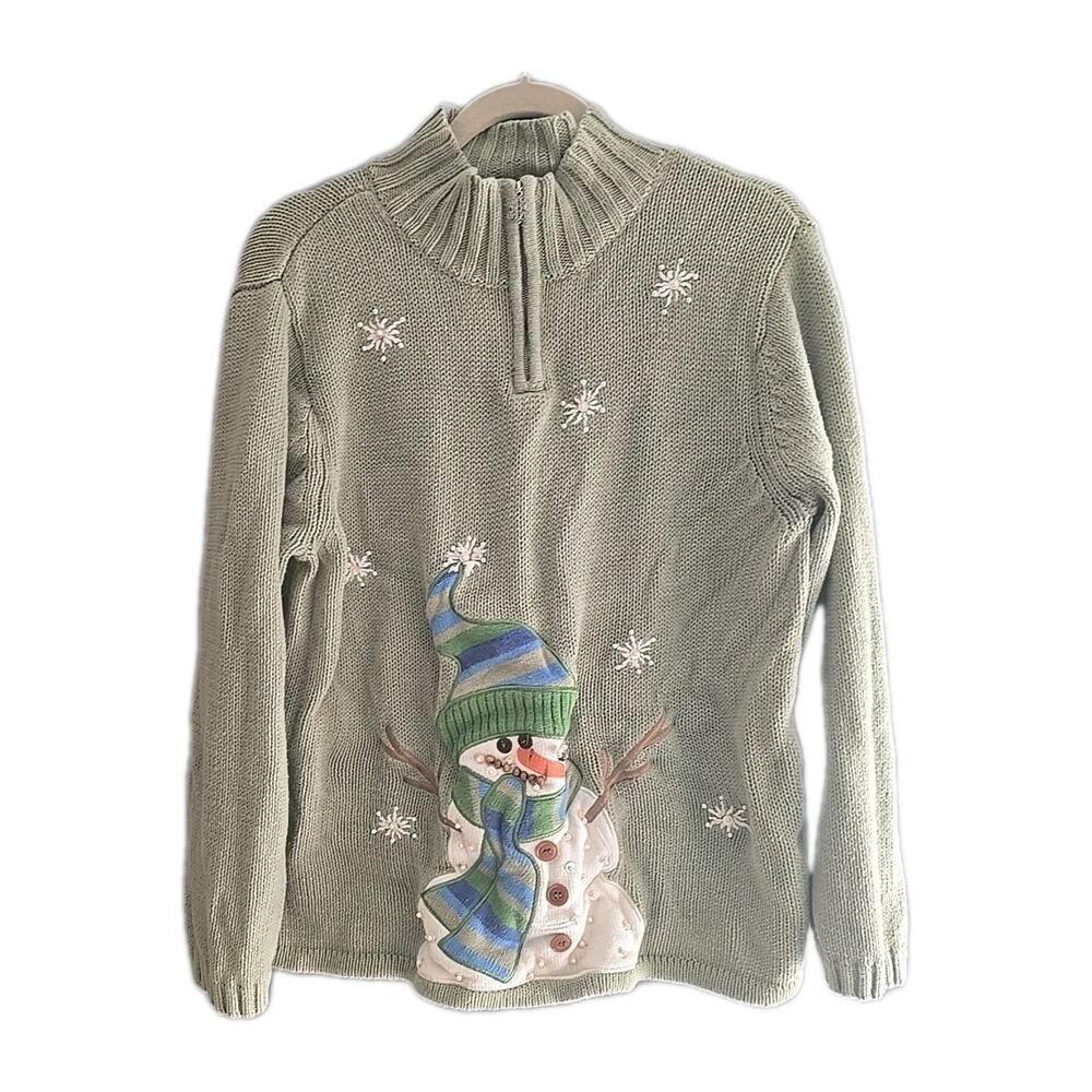 Mandal‎ Bay Green Embroidered Snowman 1/4 Zip Cardigan Sweater Womans Size XL